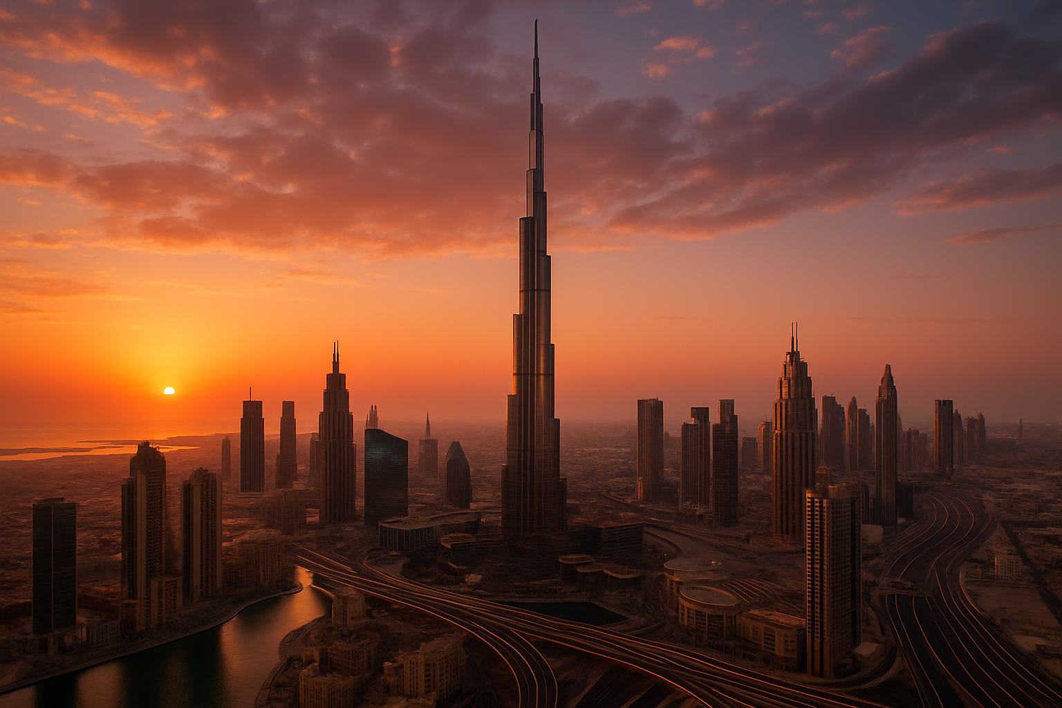 A breathtaking view of the Burj Khalifa surrounded by the Dubai skyline at sunset.
