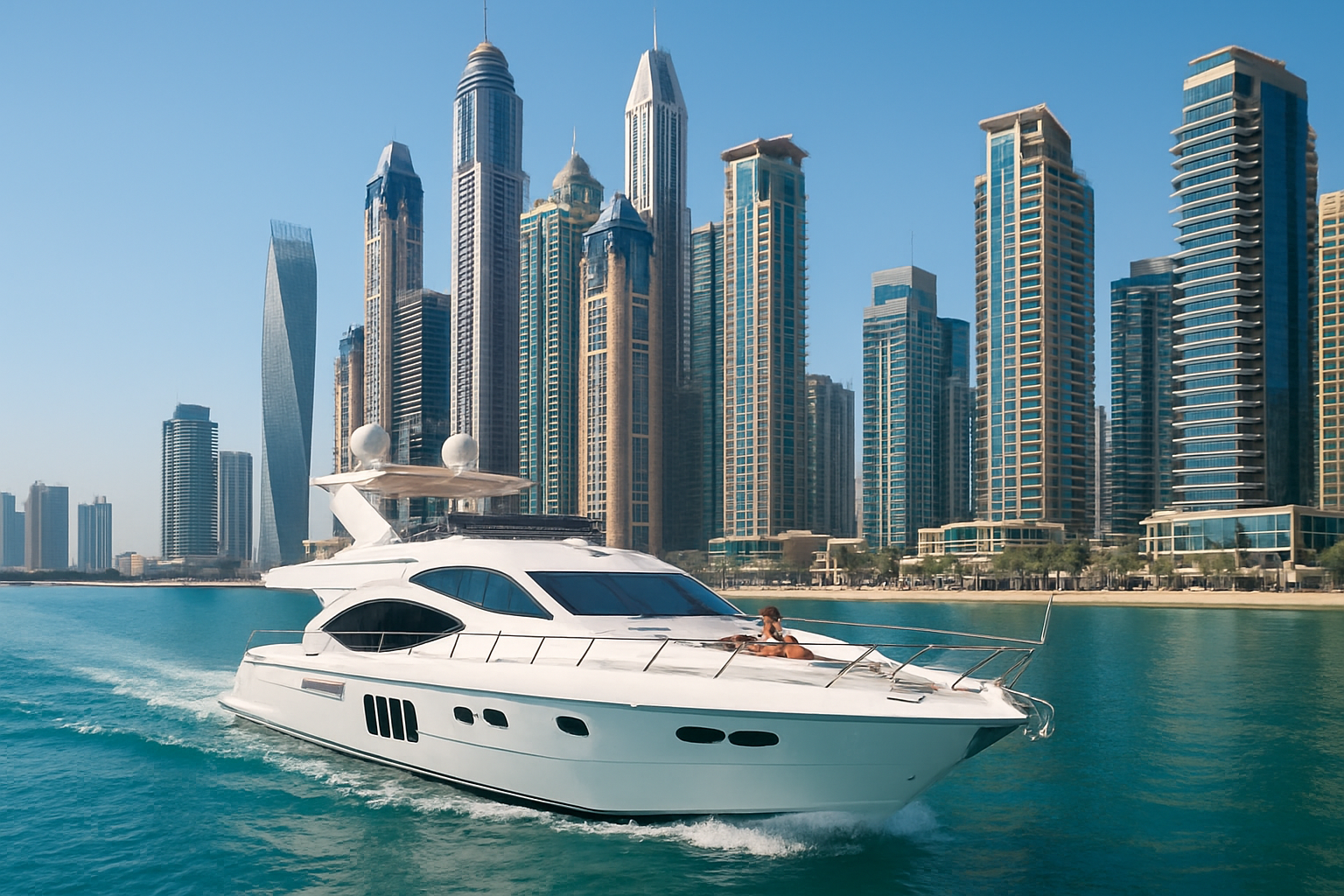 A luxury yacht experience along the Dubai Marina, highlighting modern architecture and clear blue waters.