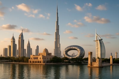 Modern Dubai skyline with famous landmarks and cultural attractions
