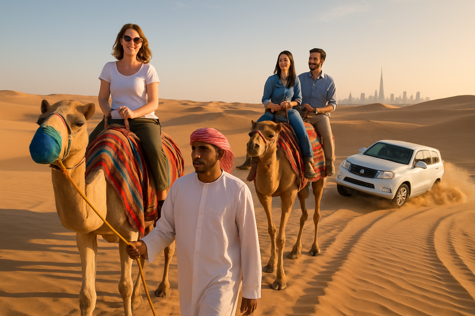 Tourists enjoying a traditional desert safari with camel rides and dune bashing outside Dubai.